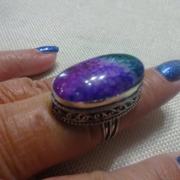 Gorgeous "PURPLE/TEAL SOLAR AGATE" Handmade Sterling Ring Size 9 #42B - Picture 2 of 3
